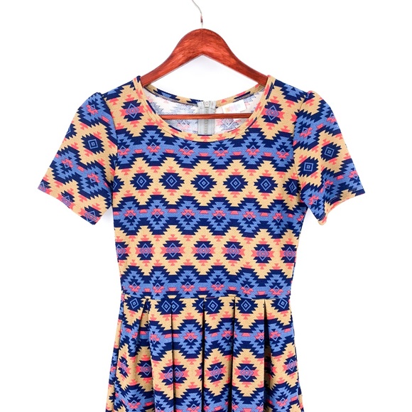 LuLaRoe Amelia Tan & Blue Aztec Short Sleeve Dress - Picture 2 of 7